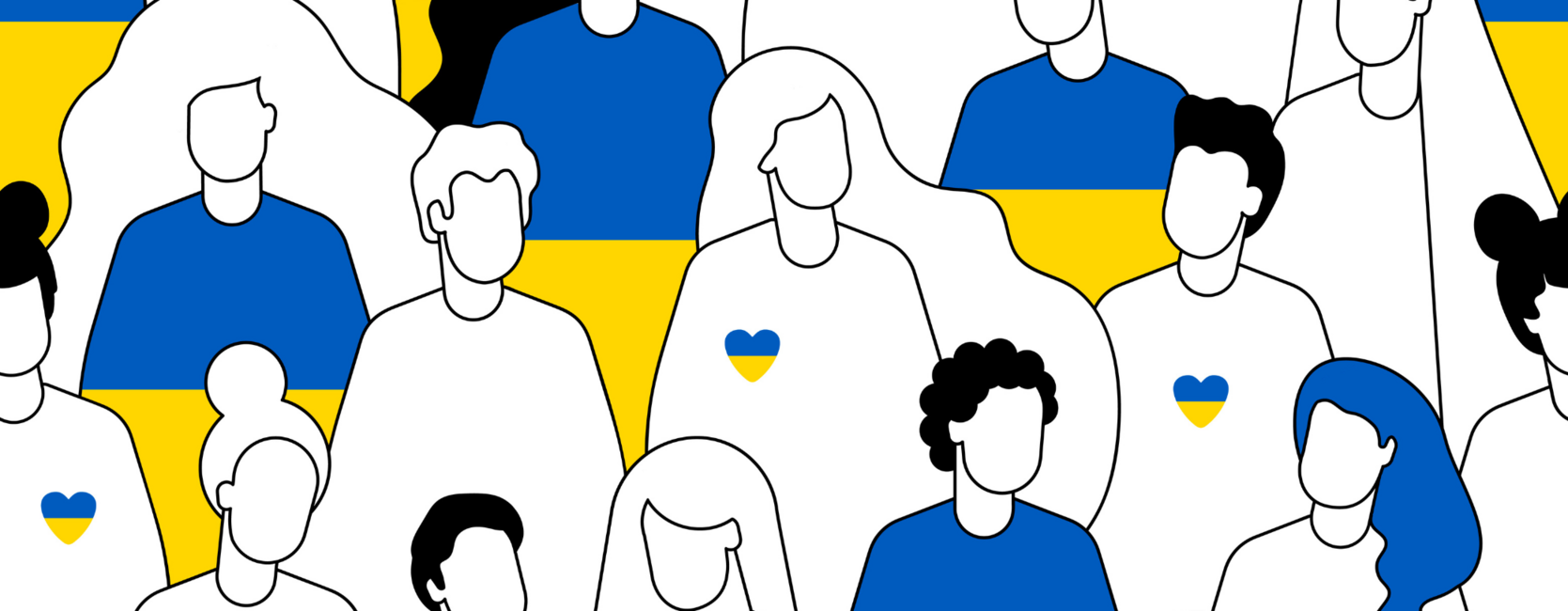 Grafische Darstellung von Männern und Frauen in den Farben der ukrainischen Flagge.